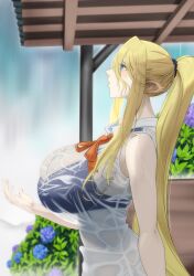 black_bra blonde_hair blue_eyes bowtie bra bra_visible_through_clothes centaur centorea_shianus clothed clothing ecchi equine_ears equine_humanoid female female_focus female_only flower horse_ears humanoid humanoid_pointy_ears imaani long_ears long_hair looking_up monster_girl monster_musume_no_iru_nichijou no no_humans no_penetration orange_bowtie ponytail raining tagme taur tie wet_clothes wet_shirt white_shirt