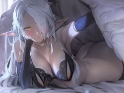 1girls 2023 4:3 absurd_res arched_back armpits ass bed bed_invitation bed_sheet big_ass black_bra black_gloves blanket blush bottomless bra breasts choker cleavage cupless_bra dark-skinned_female dark_elf dark_skin elbow_gloves elf eyebrows_visible_through_hair eyes_visible_through_hair female female_only gloves hair_over_one_eye hand_on_cheek hand_on_face head_rest highres holding_blanket indoors inviting_under_covers jewelry kaede_(sayappa) large_breasts lifting_covers lingerie long_ears long_hair looking_at_viewer lying neck_ring no_panties on_bed on_stomach original pointy_ears ring solo sweat teeth thighhighs under_covers underwear underwear_only white_hair yellow_eyes
