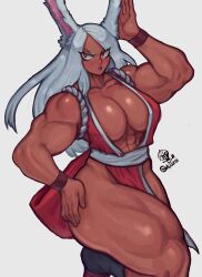 1girls abs absurd_res al3s alternate_muscle_size biceps breasts bunny_ears bunny_girl cosplay crossover_cosplay dark-skinned_female dark_skin fatal_fury hand_on_hip hi_res huge_breasts king_of_fighters looking_to_the_side mai_shiranui_(cosplay) miruko muscular muscular_arms muscular_female my_hero_academia red_eyes rumi_usagiyama signature simple_background sleeveless snk solo thick_thighs twitter_username white_background white_hair