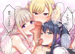 1boy 3girls black_choker blue_eyes blush censored chinese_clothes choker collaborative_fellatio cooperative_fellatio cross_piercing dtawawa ear_piercing earrings fellatio fffm_foursome foursome grey_hair gyaru harem highres jewelry light-skinned_female light-skinned_male light_skin looking_at_viewer multicolored_hair multiple_girls nail_polish oral original piercing purple_eyes purple_nails twintails two-tone_hair