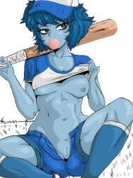 1girls 2023 baseball_bat baseball_cap baseball_uniform blue blue_skin cartoon_network chasa1990 gem_(species) lapis_lazuli_(bob) lapis_lazuli_(steven_universe) medium_breasts nipple_bulge no_panties no_panties_under_shorts one_breast_out pussy self_upload short_hair solo steven_universe unzipped_shorts