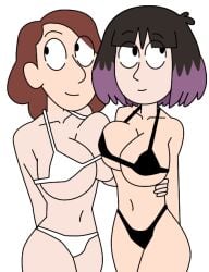 2girls black_eyes black_hair brown_hair ec-707 head_swap headswap hilda_(series) johanna_(hilda) kaisa_(hilda) pale-skinned_female purple_hair transparent_background two_tone_hair