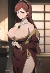 1girls ai_generated big_breasts busty cleavage dress female female_only hilda_boreas_greyrat large_breasts legs long_hair mature mature_female mature_woman milf mushoku_tensei necklace red_hair solo thighs voluptuous