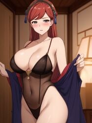 1girls ai_generated big_breasts busty child_bearing_hips cleavage covered_navel female female_only hilda_boreas_greyrat large_breasts legs leotard lingerie long_hair mature mature_female mature_woman milf mushoku_tensei red_hair solo thighs voluptuous