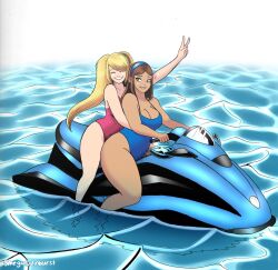 2girls blonde_hair blue_one-piece_swimsuit cleavage jet_ski kenzie_(omegasunburst) linzy_(omegasunburst) omegasunburst pink_one-piece_swimsuit swimsuit tan_skin thick_thighs