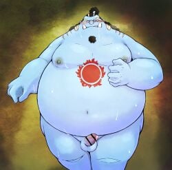 anthro balls blue_body blue_skin blush boner censored censored_penis chiro_(artist) erection facial_hair fat fish-men_(one_piece) jinbe male male_only nude obese obese_male one_piece overweight overweight_male penis solo solo_male sweat sweating