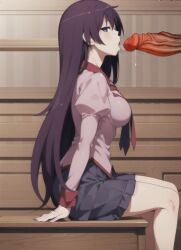 1girls 2023 ai_generated ai_penis blush clothed_female edit fellatio licking penis penis_awe purple_hair school_uniform senjougahara_hitagi solo_focus stable_diffusion tongue_out very_long_hair