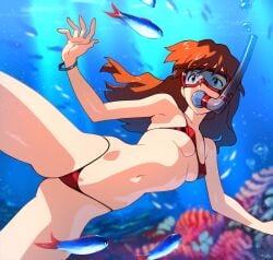 1girls asuka_langley_sohryu bikini blue_eyes breasts coral coral_reef fish high_waisted_thong navel neon_genesis_evangelion nipple_bulge nipple_outline nipples_visible_through_clothing optionaltypo orange_hair red_bikini red_swimsuit solo_female swimsuit tagme underwater underwater_scenery underwater_view water