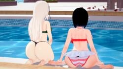 2girls black_hair crossover female female_only hotpants kaguya-sama_wa_kokurasetai_~tensai-tachi_no_renai_zunousen~ kirigaya_suguha large_ass large_breasts multiple_girls pool rhcpftw shirogane_kei swimsuit sword_art_online thick_thighs white_hair