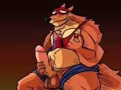 anthro balls big_balls big_penis bottomwear canid canine clothing dizzysauce_nsfw genitals hi_res male male_only mammal marvel muscular muscular_male nipple_fetish nipple_play penis shirt shorts solo spider-man:_across_the_spider-verse spider-man_(series) spider-wolf tank_top topwear were werecanid werecanine werewolf