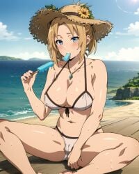 1girls ai_generated beach big_breasts bikini blonde_hair blue_eyes busty feet female female_only large_breasts legs mature mature_female mature_woman medium_hair milf mushoku_tensei ocean popsicle sitting solo spread_legs thighs voluptuous water zenith_greyrat