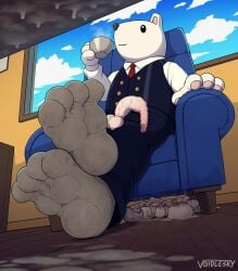 animal_feet animal_genitalia animal_penis balls beverage bodily_fluids clothing condom cum cum_on_ground erection feet_focus filled_condom foot_fetish foot_focus footwear foreskin furry genital_fluids genitals hi_res male male_foot_fetish male_only my_hero_academia nedzu penis principal_nezu sexual_barrier_device socks sweat tea toony uniform voidlesky