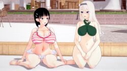 2girls black_hair crossover female female_only hotpants kaguya-sama_wa_kokurasetai_~tensai-tachi_no_renai_zunousen~ kirigaya_suguha large_ass large_breasts multiple_girls pool rhcpftw shirogane_kei swimsuit sword_art_online thick_thighs white_hair