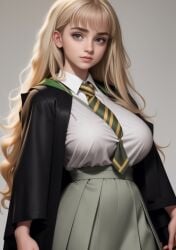 ai_generated alternate_breast_size arms_at_sides arms_down blonde_hair clothed fully_clothed grey_eyes hands_at_side harry_potter hermione_granger hogwarts hogwarts_school_uniform hogwarts_student huge_breasts long_hair pleated_skirt school_tie school_uniform schoolgirl slytherin slytherin_tie stable_diffusion standing student tagme teen teen_girl teenage_girl teenager white_shirt witch wizard_robe