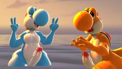 3d 3d_(artwork) balls ballsack beach big_ass blue_yoshi chubby chubby_anthro chubby_male closed_eyes clouds male_only mario_(series) nintendo ocean open_mouth orange_yoshi peace_sign penis scalie sfmbob shell sky sunset surprised_expression surprised_face surprised_look vein veiny_penis water yoshi