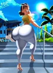 1girls alternate_version_available ass brown_hair clothed clothed_female female female_only full_body glasses glasses_on_head heels high_heels huge_ass looking_back public short_hair smile solo solo_female teacher teasing the_loud_house thicc_qt ultrabignova wet