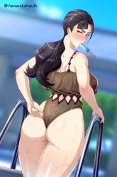 1girls adjusting_clothes adjusting_swimsuit alternate_costume ass bare_shoulders black_hair black_one-piece_swimsuit black_swimsuit blush breasts brown_eyes brown_one-piece_swimsuit dripping female female_only fire_emblem fire_emblem_engage food food_in_mouth full-face_blush getting_out_of_pool gold_trim highres holding ice_cream large_ass large_breasts long_hair looking_at_viewer looking_back mitan_(fire_emblem) mouth_hold nintendo one-piece_swimsuit outdoors ponytail pool pool_ladder popsicle popsicle_in_mouth solo swimsuit thighs twitter_username wet wet_clothes wet_swimsuit wide_hips yamanata