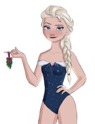 1girls bikini braided_hair christmas clothed disney disney_princess elsa_(frozen) female female_only frozen_(film) frozen_2 human long_hair lust mistletoe no_visible_genitalia one-piece_swimsuit rounded_leaves solo