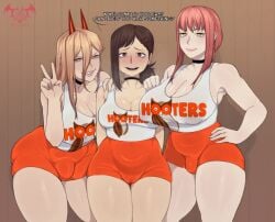 1girls 2futas ass big_ass big_breasts breasts bulge cameltoe chainsaw_man cleavage clothed clothing dialogue female flaccid fully_clothed futanari higashiyama_kobeni hooters hooters_uniform huge_breasts human humanoid large_breasts light-skinned_female light-skinned_futanari light_skin makima_(chainsaw_man) orange_shorts piccolonsfw power_(chainsaw_man) standing talking_to_viewer text thick_thighs tight_clothing trio voluptuous wide_hips