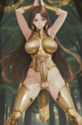 1futa ai_generated armpits arms_above_head bare_shoulders brown_hair confident exposed_armpits feet_out_of_frame female_armor forest futanari gold gold_(metal) gold_armor gold_clothing gold_topwear heroine knight large_breasts large_penis leg_armor legs_apart long_hair longjohnsingleduct looking_at_viewer metal metallic nipples_visible_through_clothing partially_clothed penis skintight solo standing testicles