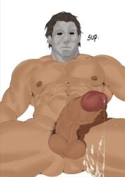 abs armpit_hair balls bara big_balls big_muscles big_penis brown_hair cainyourkids cum cum_drip cum_on_body cum_on_leg daddy dilf ejaculation english_text erection hair halloween halloween_(series) human male male_only mask mask_only masked_male michael_myers muscular muscular_human muscular_male navel nipples nude pecs penis pubes solo sweat text