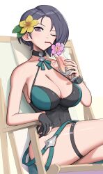 1girls absurdres alternate_costume bare_shoulders beach_chair black_choker black_gloves black_hair black_one-piece_swimsuit black_swimsuit breasts choker cocktail_glass commentary crossed_legs cup drinking drinking_glass drinking_straw female female_only fire_emblem fire_emblem:_three_houses fire_emblem_heroes flower gloves gonzarez green_one-piece_swimsuit green_swimsuit hair_flower hair_ornament halterneck hibiscus highres holding holding_cup large_breasts looking_at_viewer nintendo official_alternate_costume one-piece_swimsuit one_eye_closed partially_fingerless_gloves purple_eyes shamir_nevrand shamir_nevrand_(summer) short_hair simple_background single_glove sitting solo swimsuit thigh_strap tropical_drink two-tone_swimsuit