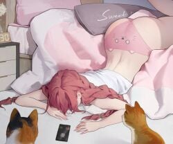 1girls ass back bare_arms bare_legs bottomless bottomless_female cat_ear_panties cat_print dongho_kang feline hidden_face long_hair lying no_pants original phone phone_ringing pink_hair pink_panties shirt solo thick_thighs tired twin_braids underwear white_shirt