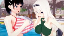 2girls black_hair crossover female female_only hotpants kaguya-sama_wa_kokurasetai_~tensai-tachi_no_renai_zunousen~ kirigaya_suguha large_ass large_breasts multiple_girls pool rhcpftw shirogane_kei swimsuit sword_art_online thick_thighs white_hair