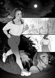 1girls artist_signature ass athletic_wear bra_strap clothed clothes clothing comic female female_focus full_moon greyscale imminent_sex jogging moon night onomatopoeia outdoors outside panting ponytail running sarybomb shoes sneakers solo_focus tights werewolf wolf