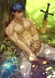 1boy abs bara blue_eyes blue_hair censored chiizu_namasu erection fire_emblem fire_emblem:_path_of_radiance headband highres ike_(fire_emblem) ike_(vanguard)_(fire_emblem) large_pectorals male male_focus male_masturbation male_only masturbation mosaic_censoring muscular muscular_male navel nintendo nipples paid_reward_available pants patreon_username pectorals penis red_headband shield short_hair sitting solo sword topless_male twitter_username weapon white_pants