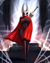 1girls areolae big_breasts black_body breasts cape cloak female female_only full_body hollow_knight hornet_(hollow_knight) nail_(weapon) naked naked_female nipples nude nude_female paradoxing red_cloak solo solo_female weapon