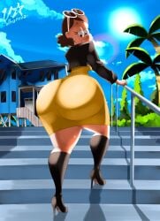 1girls alternate_version_available ass brown_hair clothed clothed_female female female_only full_body glasses glasses_on_head heels high_heels huge_ass looking_back public short_hair smile solo solo_female teacher teasing the_loud_house thicc_qt ultrabignova wet