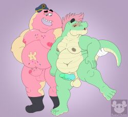 alligator alligatorid anthro balls belly blue_eyes blush cartoon_network clothing crocodilian dessert digital_media_(artwork) doughnut doughnut_sheriff duo erection food food_creature genitals green_body hair hi_res male male/male moobs nipples not_furry nude overweight overweight_male penis pink_body pink_hair police pondart_studios reptile scalie the_amazing_world_of_gumball vic_(victorystarz)