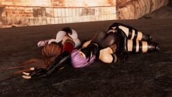 3d ahe_gao ayane_(doa) dead_or_alive dead_or_alive_5 defeated kasumi_(doa) kktzane knocked_out kunoichi ninja ryona unconscious white_eyes