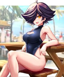 1girls big_breasts black_hair cleavage day female_only hair_over_one_eye highres karmavt latam_virtual_youtuber light-skinned_female light_skin looking_at_viewer one-piece_swimsuit owozu palm_tree short_hair sitting slash-ex smiling summer swimsuit table virtual_youtuber yellow_eyes