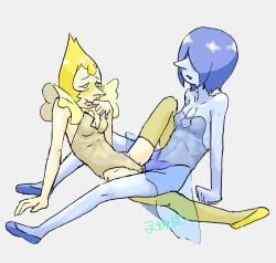 2girls blue_pearl_(steven_universe) clothed multiple_girls scissoring shoes sporeshoot33 steven_universe tribadism yellow_pearl_(steven_universe) yuri