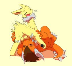 69_position ambiguous_gender anthro anthro_on_feral balls bodily_fluids dragon duo eeveelution face_fucking fangs fellatio feral generation_1_pokemon genitals hair hi_res horn irrumatio jolteon looking_back male male/ambiguous male_penetrating miau nintendo oral oral_penetration orange_body pawpads penetration penile perineum plap pokemon pokemon_(species) sex simple_background spiked_tail spikes spikes_(anatomy) sweat tail teeth zoophilia