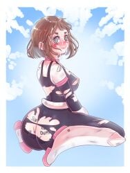 areolae ass blush brown_hair cum cum_on_face embarrassed hero_outfit_(mha) misslewd my_hero_academia nipple_slip ochako_uraraka ochako_uraraka_(hero_outfit) ripped_clothing spiral_eyes text uraraka_ochako uraraka_ochako_(hero_outfit)