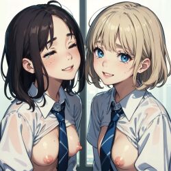 2girls ai_generated amandine_weisshorn blonde_hair blonde_hair blue_eyes brown_hair enjuuji exposed exposed_breasts freckles freckles_on_face lauran_hesselberg looking_at_viewer necklace small_breasts smiling tears tears_of_joy wet_clothes window