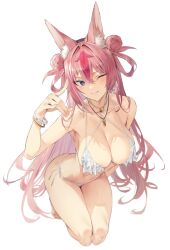 animal_ear_fluff animal_ears bare_shoulders big_breasts bikini blue_eyes blush bracelet breasts cleavage closed_mouth collarbone double_bun female full_body hair_bun hand_up hiiragi_yuuichi indie_virtual_youtuber jewelry large_breasts leaning_forward long_hair looking_at_viewer one_eye_closed pink_hair side-tie_bikini simple_background smile solo swimsuit thighs virtual_youtuber white_background white_bikini