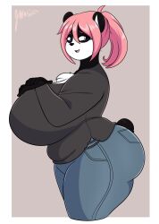 artjwink big_ass big_breasts black_and_white_fur breasts bubble_butt chubby chubby_female female_furry furry grey_background hands_on_breasts huge_ass huge_breasts jeans jwinkz large_ass large_breasts long_hair lynn_(jwinkz) panda panda_ears panda_tail pink_hair ponytail purple_eyes thick_thighs wide_hips