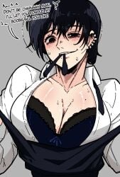 1girls asian asian_female black_eyes black_hair blush bra breast_focus breasts chainsaw_man dialogue earrings genderswap_(mtf) hirofumi_yoshida looking_at_viewer mark_gavatino rule_63 solo_female speech_bubble talking_to_viewer white_skin