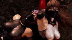 3d ahe_gao ayane_(doa) dead_or_alive dead_or_alive_5 defeated kasumi_(doa) kktzane knocked_out kunoichi ninja ryona unconscious white_eyes