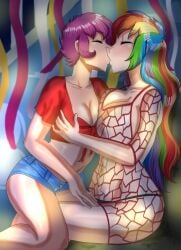 2girls age_difference aged_up big_breasts breasts cogbrony crop_top daisy_dukes denim_shorts drool_on_face drooling female female_only fishnet_dress house human humanized kissing lesbian_kiss making_out minidress my_little_pony my_little_pony_friendship_is_magic party rainbow_dash_(mlp) scootaloo_(mlp) yuri