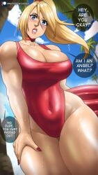 1girls blonde_hair cleavage colored_nails concerned echosaber large_breasts lifeguard metroid nintendo one_piece_swimsuit ponytail samus_aran solo thick_thighs thigh_gap toned_female voluptuous_female wet_body wet_clothes