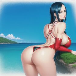 1girls ai_generated anime anime_style ass athletic athletic_female bangs beach big_ass big_breasts big_butt bikini bikini_bottom bikini_top black_hair blue_eyes bubble_butt dark_hair enmashusui female female_only giantess huge_breasts light-skinned_female light_skin long_hair nico_robin one_piece post-timeskip rear_view seaside sideboob thick thick_ass thick_legs thick_thighs thong thong_bikini tight_fit viewed_from_behind