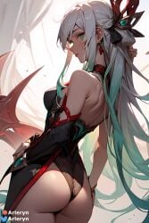 ai_generated arleryn ass ass_focus earrings exposed_ass female female_focus female_only green_eyes irelia_xan league_of_legends looking_at_viewer mythmaker_irelia riot_games solo solo_female solo_focus tagme white_hair