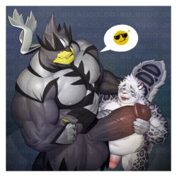 2boys absurd_res anthro balls bara barazoku belly biceps big_balls big_muscles big_penis black_body black_fur chubby_anthro chubby_male felid fur gay generation_8_pokemon genitals hi_res huge_cock humanoid_genitalia humanoid_penis legendary_pokemon male male/male mammal multicolored_body multicolored_fur muscular muscular_anthro muscular_male nintendo nipples nude nunudodo pantherine pecs penis pokemon pokemon_(species) single_strike_style_urshifu snow_leopard spots spotted_body spotted_fur urshifu white_body white_fur