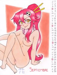 1girls areolae belem_takeda big_breasts breasts completely_nude completely_nude_female female female_only long_hair looking_at_viewer naked naked_female naked_scarf nipples nude nude_female ponytail pussy scarf scarf_only skull_hair_ornament smile solo solo_female tengen_toppa_gurren_lagann yellow_eyes yoko_littner