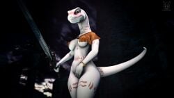 16:9 3d_(artwork) albino anthro blush breasts clothed clothing crusch_lulu digital_media_(artwork) eyelashes female foxibiki genitals hi_res lizard lizardman lizardman_(overlord) long_tail markings melee_weapon nude overlord_(maruyama) pussy red_eyes reptile scalie smile solo source_filmmaker sword tail thick_tail tribal weapon white_body widescreen